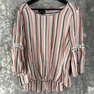 ALyx Size L Striped Linen Blend Casual Top Orange Pullover Tie Front